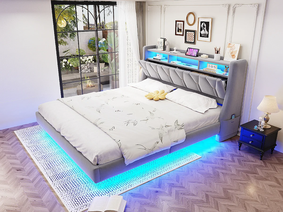 Gestoffeerd tweepersoonsbed - 180 x 200 cm - neerklapbaar gestoffeerd hoofdeinde met opbergruimte + LED-verlichting - MDF - lichtgrijs