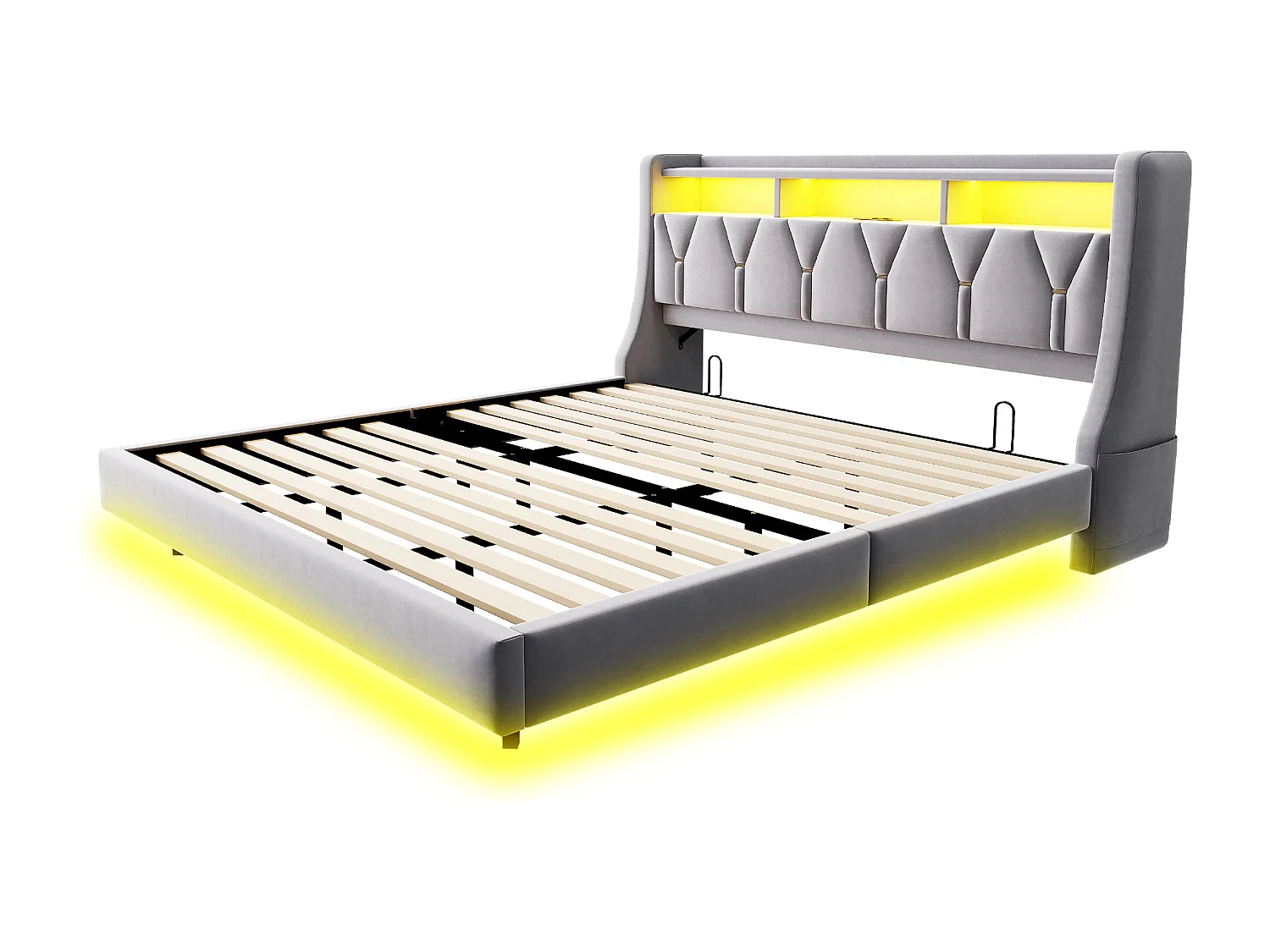Gestoffeerd tweepersoonsbed - 180 x 200 cm - neerklapbaar gestoffeerd hoofdeinde met opbergruimte + LED-verlichting - MDF - lichtgrijs