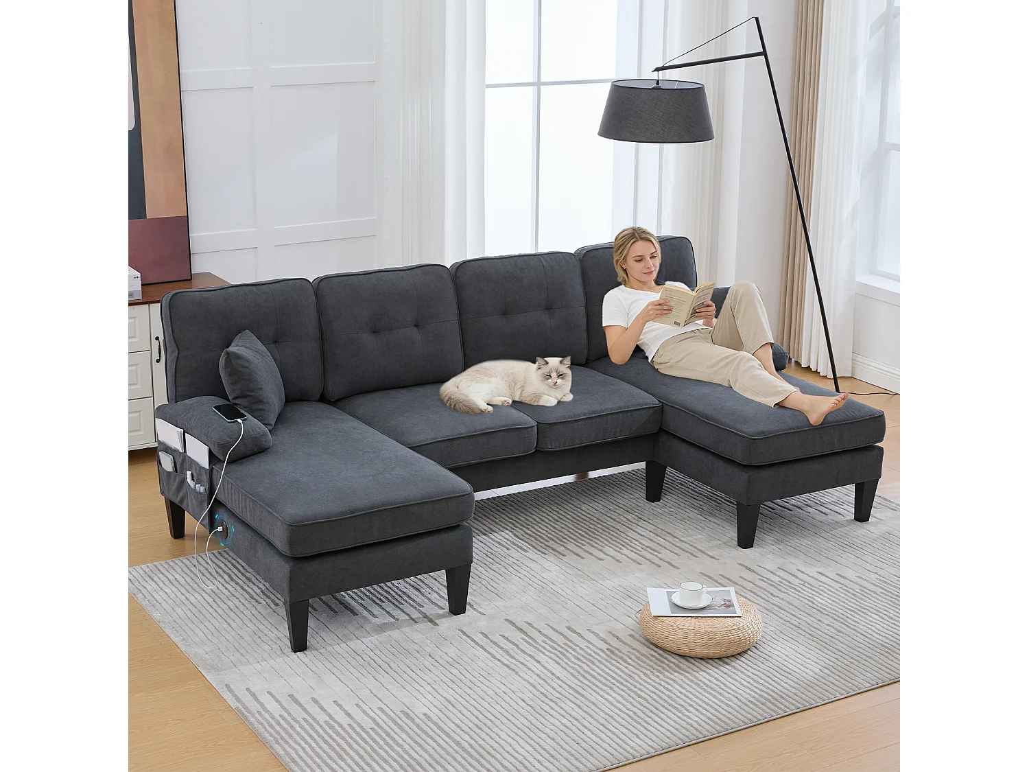 Canapé d'angle moderne 4 places en forme de U avec 2 méridienne - 250 x 130 x 88 cm - avec rembourrage + dossier  - velours - gris