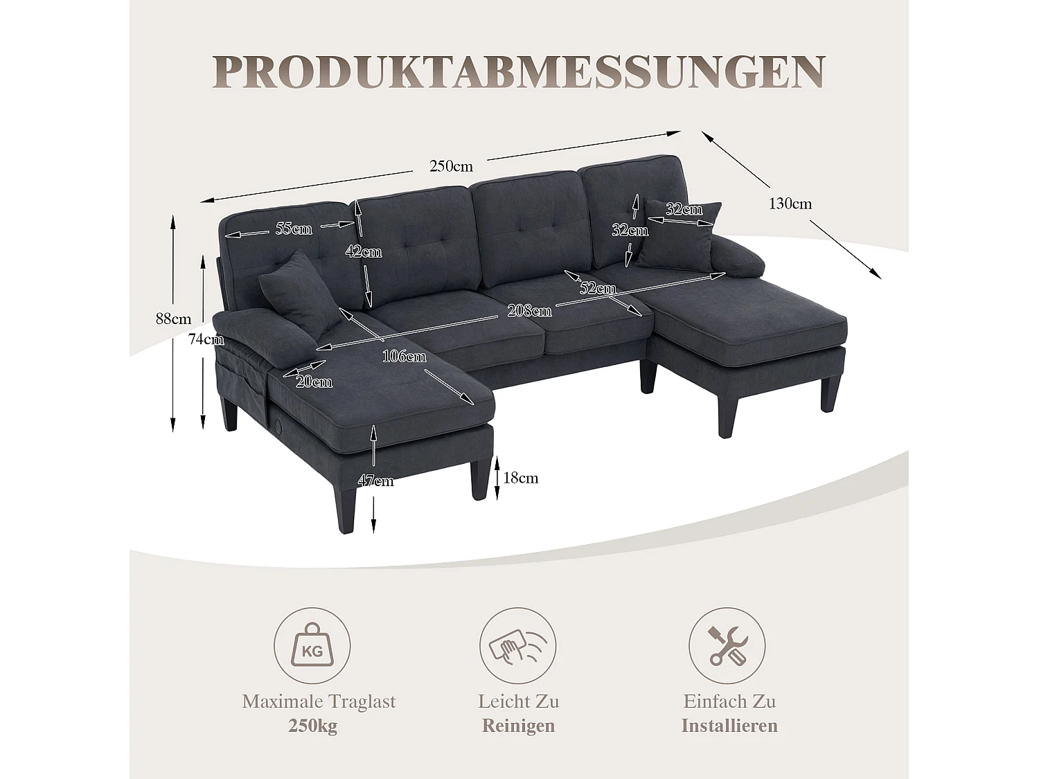 Canapé d'angle moderne 4 places en forme de U avec 2 méridienne - 250 x 130 x 88 cm - avec rembourrage + dossier  - velours - gris