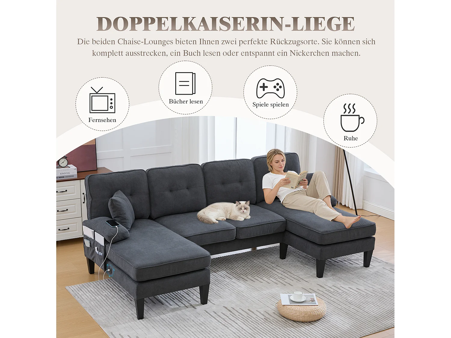 Canapé d'angle moderne 4 places en forme de U avec 2 méridienne - 250 x 130 x 88 cm - avec rembourrage + dossier  - velours - gris