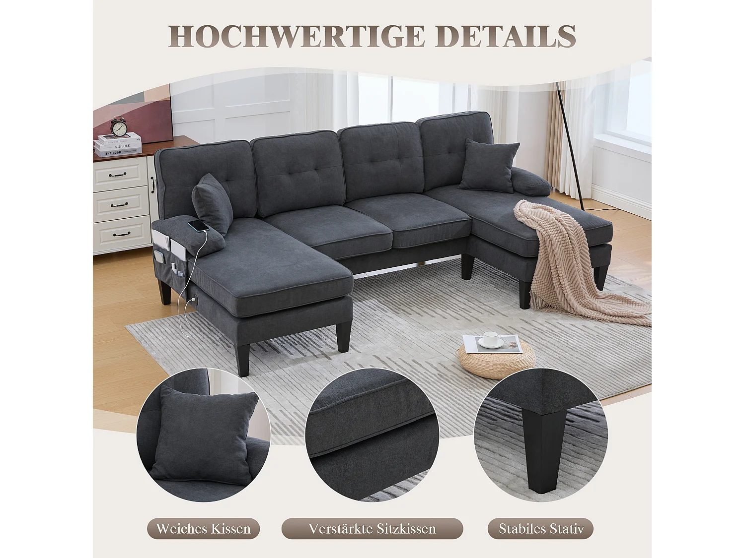 Canapé d'angle moderne 4 places en forme de U avec 2 méridienne - 250 x 130 x 88 cm - avec rembourrage + dossier  - velours - gris