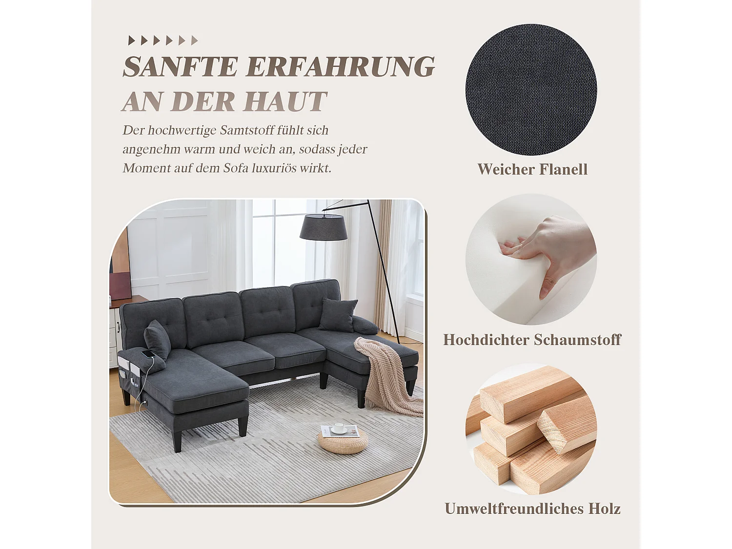 Canapé d'angle moderne 4 places en forme de U avec 2 méridienne - 250 x 130 x 88 cm - avec rembourrage + dossier  - velours - gris