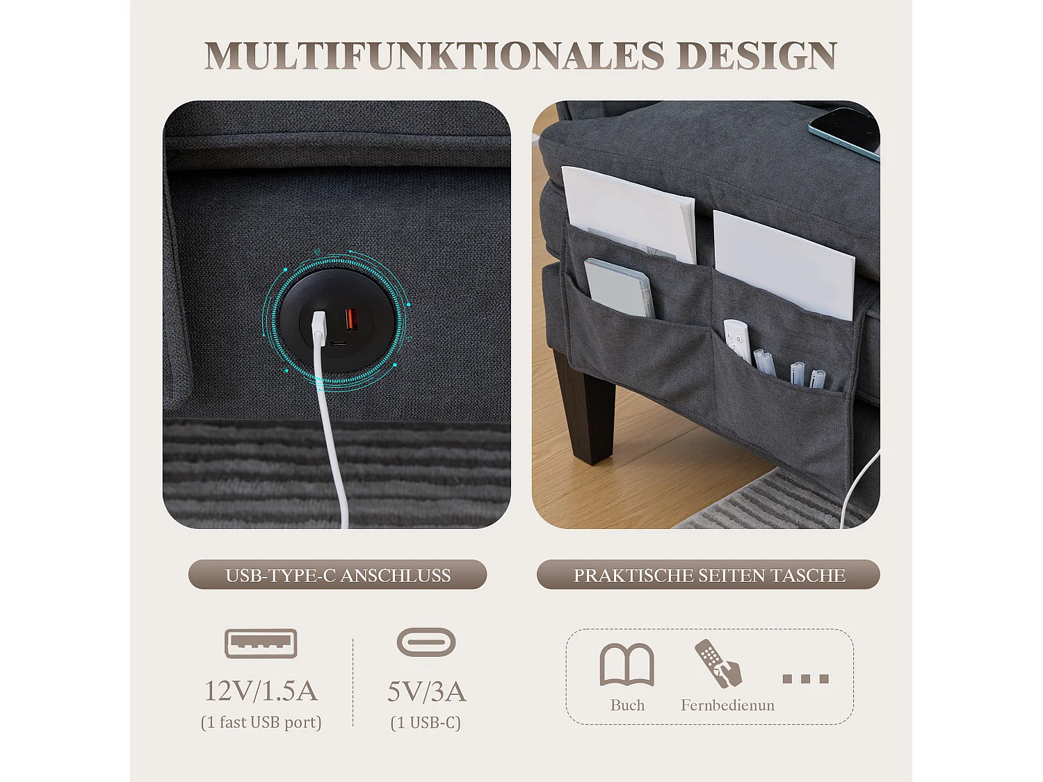 Canapé d'angle moderne 4 places en forme de U avec 2 méridienne - 250 x 130 x 88 cm - avec rembourrage + dossier  - velours - gris