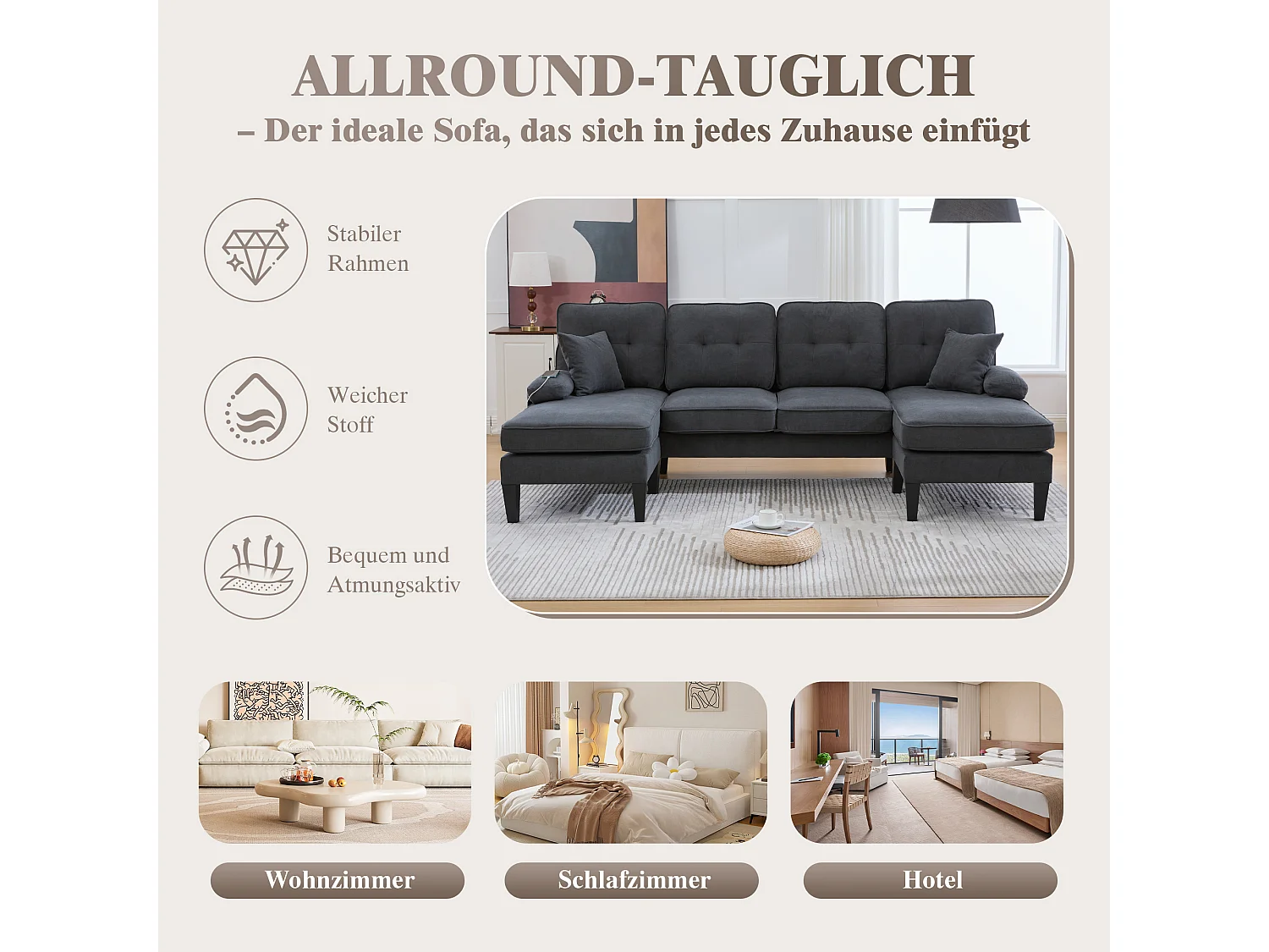 Canapé d'angle moderne 4 places en forme de U avec 2 méridienne - 250 x 130 x 88 cm - avec rembourrage + dossier  - velours - gris