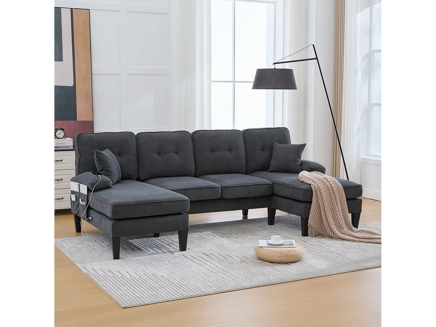 Canapé d'angle moderne 4 places en forme de U avec 2 méridienne - 250 x 130 x 88 cm - avec rembourrage + dossier  - velours - gris