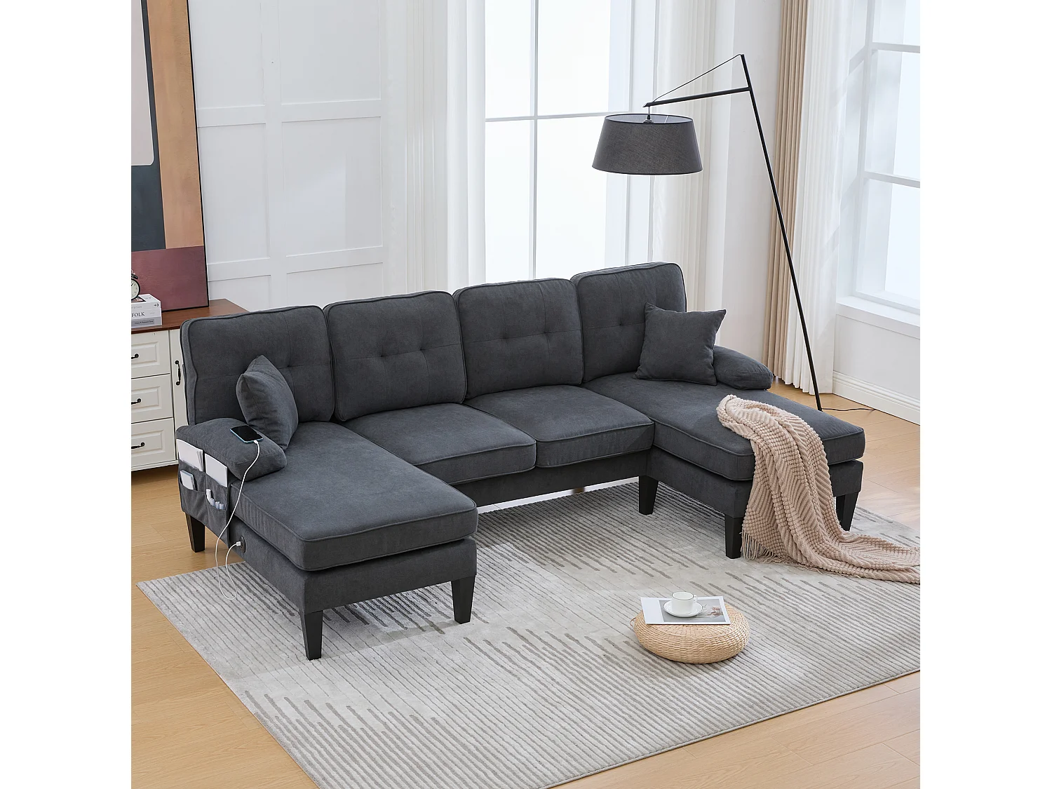Canapé d'angle moderne 4 places en forme de U avec 2 méridienne - 250 x 130 x 88 cm - avec rembourrage + dossier  - velours - gris