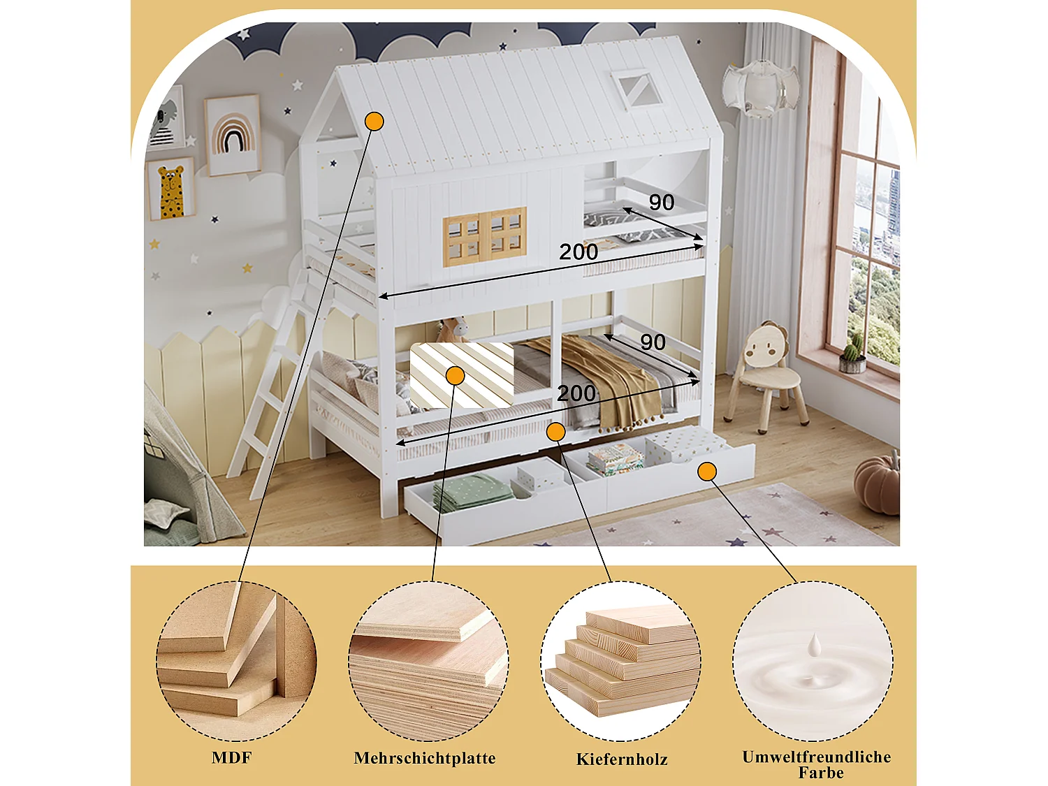 Litera infantil - 2 x 90 x 200 cm - con ventanas + techo + escalera + 2 cajones - Pino + MDF - blanco + natural