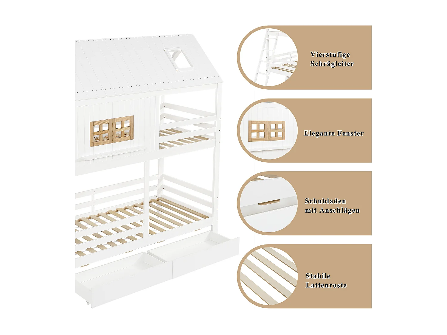 Litera infantil - 2 x 90 x 200 cm - con ventanas + techo + escalera + 2 cajones - Pino + MDF - blanco + natural