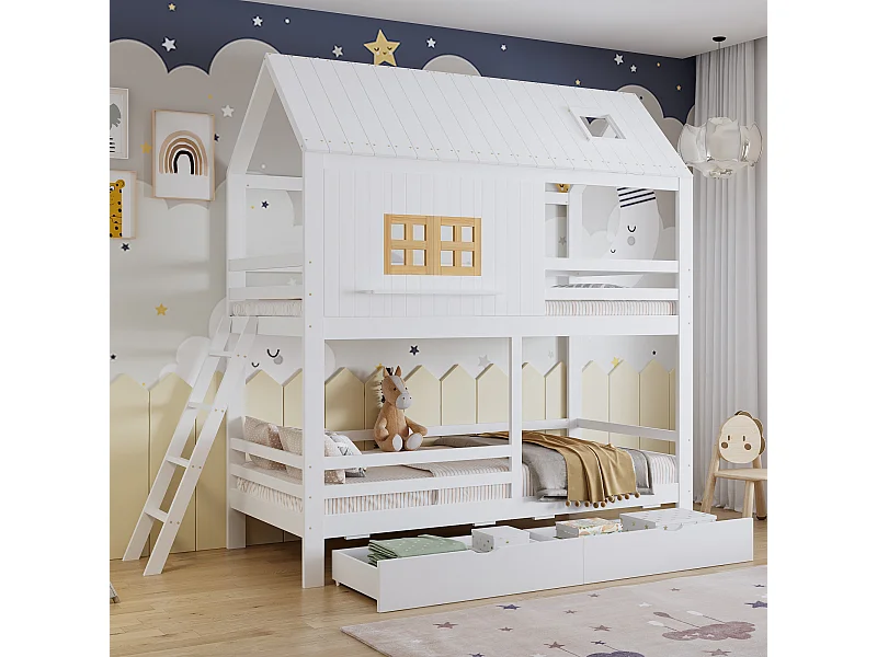 Litera infantil - 2 x 90 x 200 cm - con ventanas + techo + escalera + 2 cajones - Pino + MDF - blanco + natural