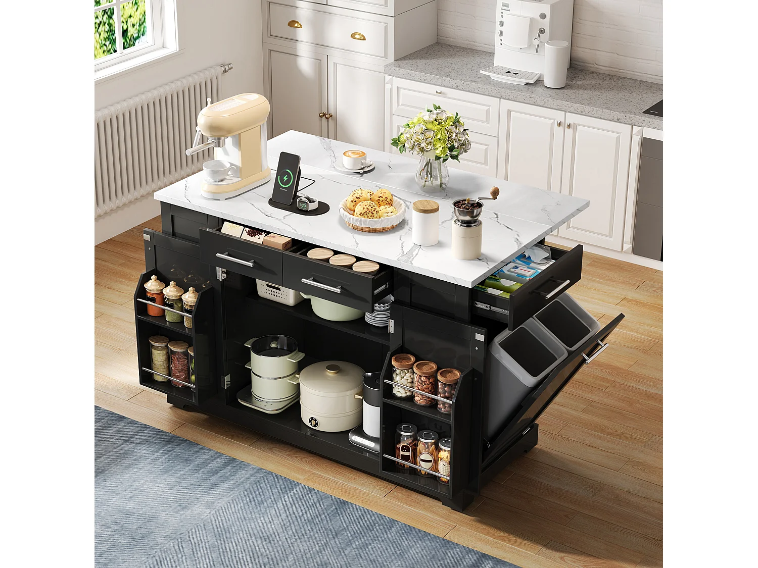 Keukeneiland met inklapbaar werkblad met marmerlook - 138 x 56 / 86 x 92 cm - met lades en deuren - MDF - zwart