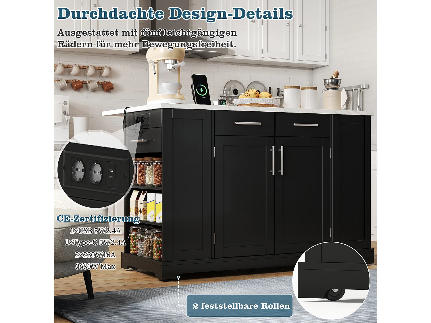 Keukeneiland met inklapbaar werkblad met marmerlook - 138 x 56 / 86 x 92 cm - met lades en deuren - MDF - zwart