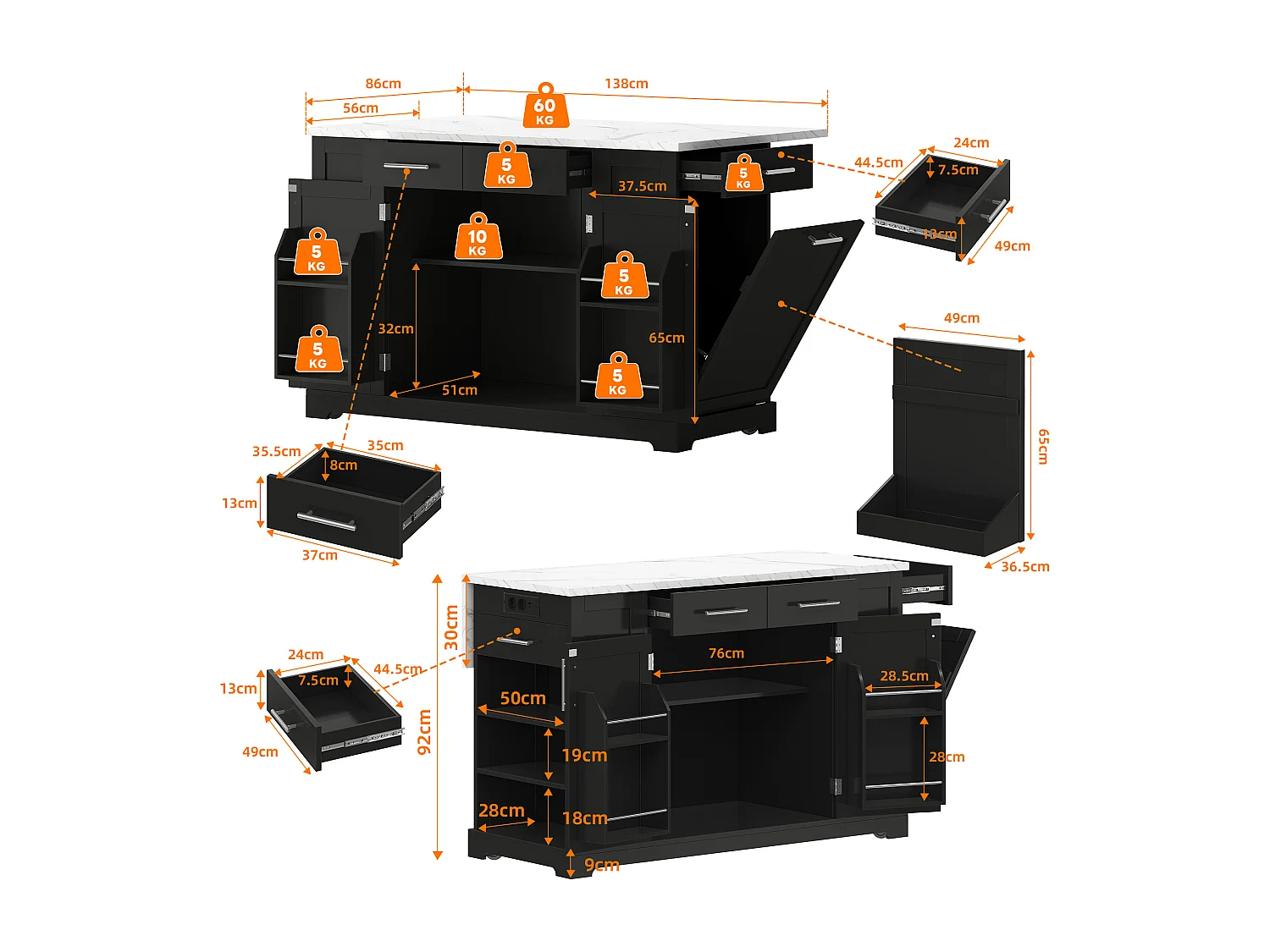Keukeneiland met inklapbaar werkblad met marmerlook - 138 x 56 / 86 x 92 cm - met lades en deuren - MDF - zwart