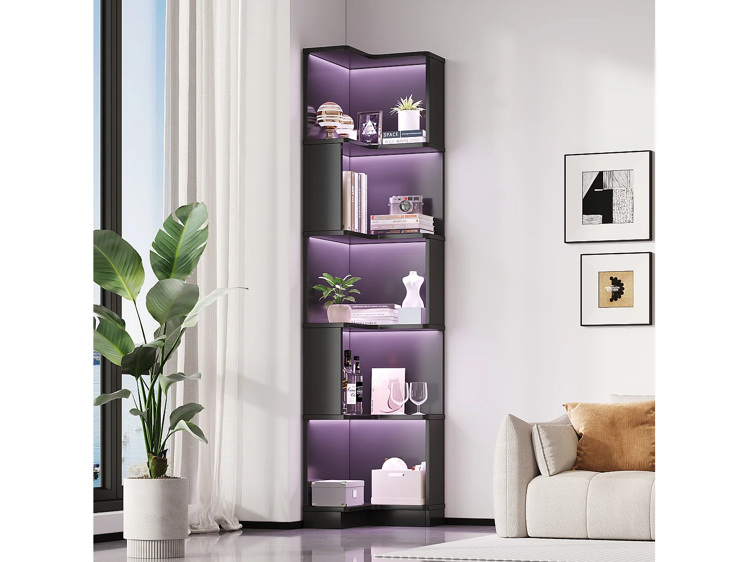 Modernes Eckregal – 63,5 x 45 x 175 cm – mit LED-Beleuchtung + 5 Ablagefächern – MDF – schwarz