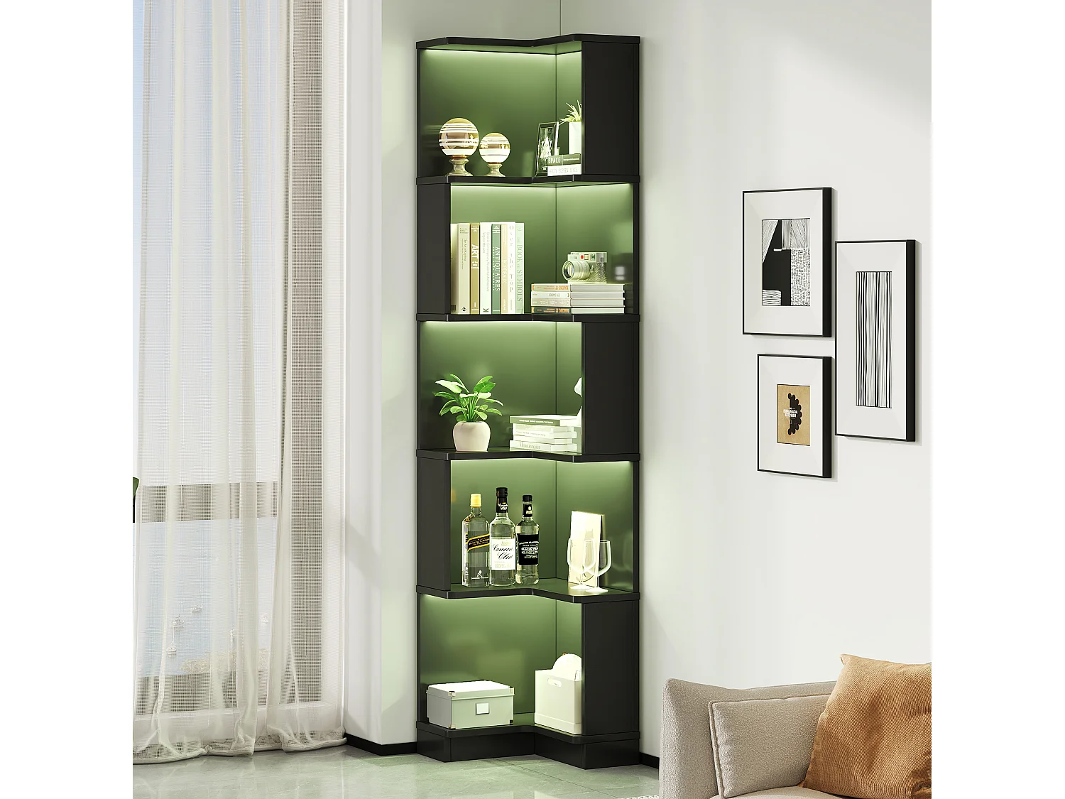 Modernes Eckregal – 63,5 x 45 x 175 cm – mit LED-Beleuchtung + 5 Ablagefächern – MDF – schwarz