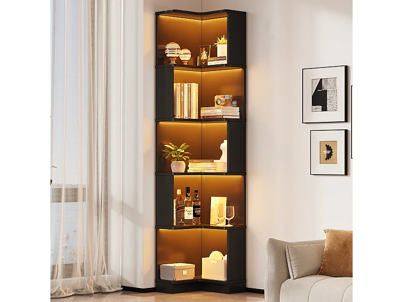 Modernes Eckregal – 63,5 x 45 x 175 cm – mit LED-Beleuchtung + 5 Ablagefächern – MDF – schwarz