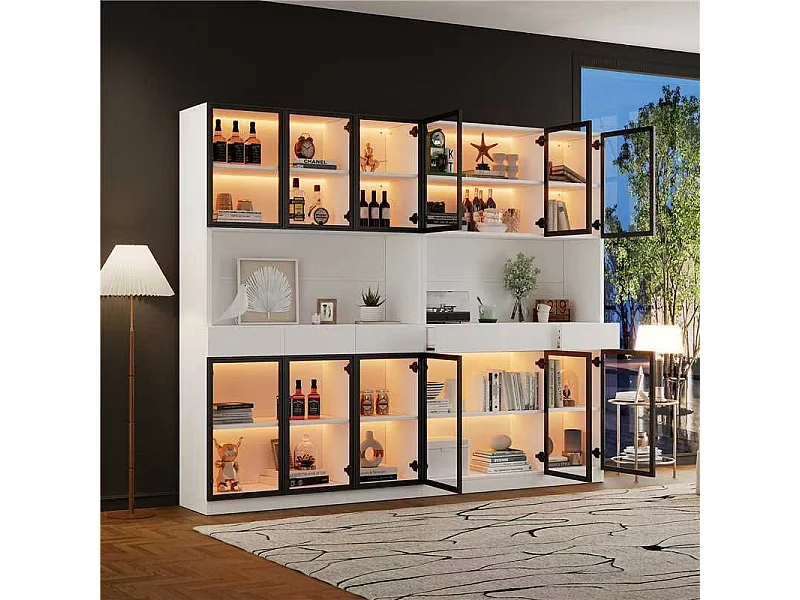 2 Vitrines haut vitrée moderne - 120 x 36 x 200 cm - avec Leds + 6 portes - pour collections/chamber - aggloméré - blanc