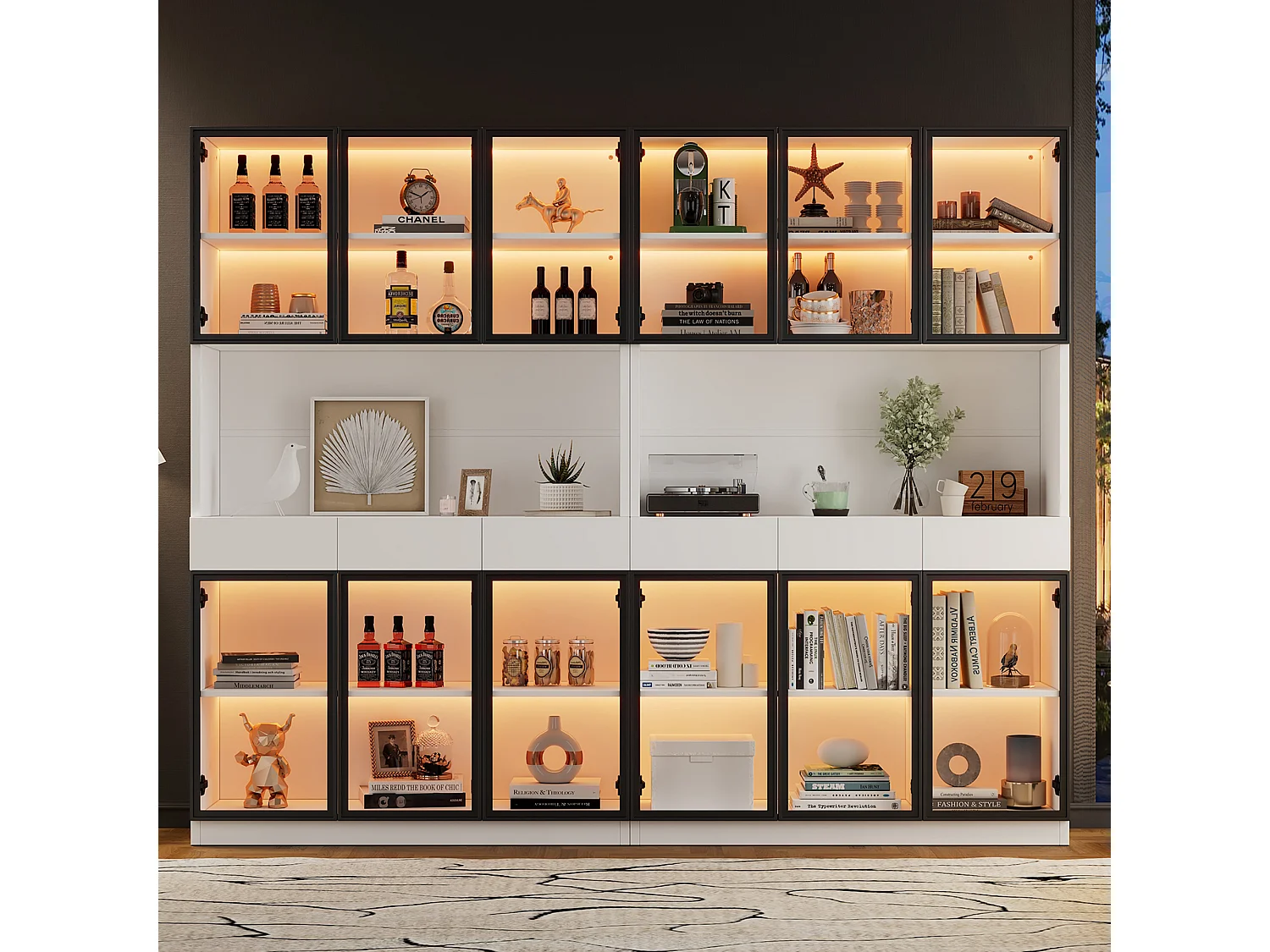 2 Vitrines haut vitrée moderne - 120 x 36 x 200 cm - avec Leds + 6 portes - pour collections/chamber - aggloméré - blanc