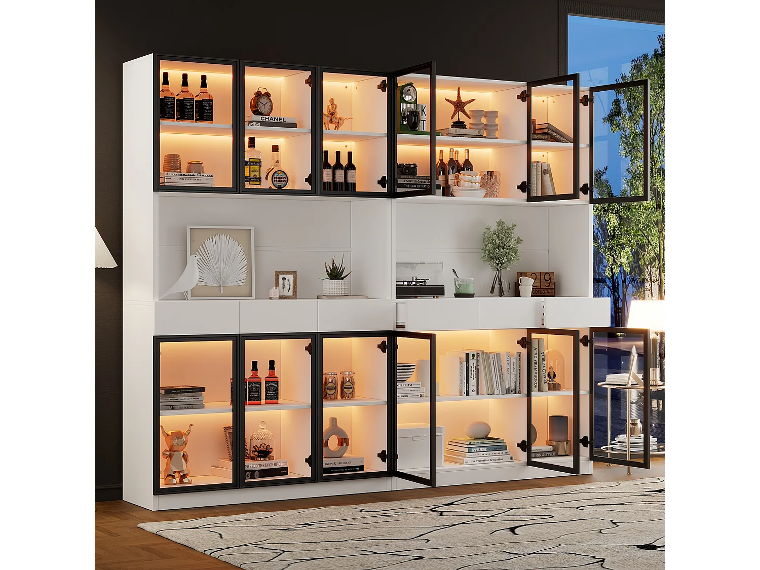 2 Vitrines haut vitrée moderne - 120 x 36 x 200 cm - avec Leds + 6 portes - pour collections/chamber - aggloméré - blanc