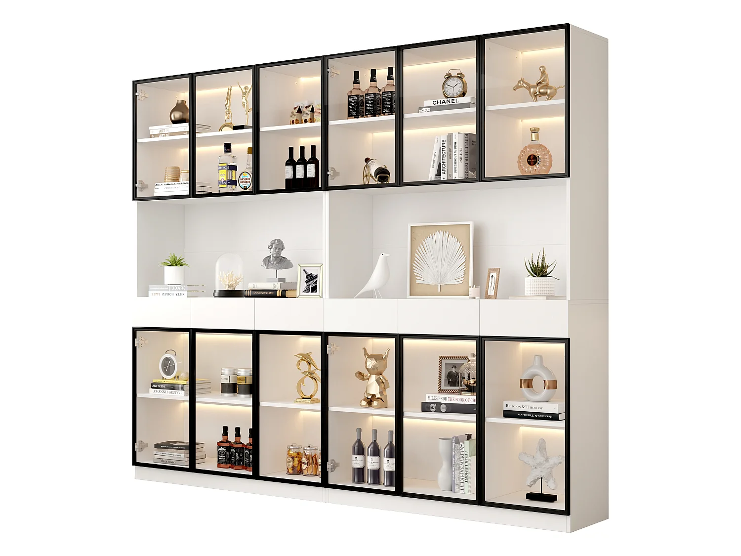 2 Vitrines haut vitrée moderne - 120 x 36 x 200 cm - avec Leds + 6 portes - pour collections/chamber - aggloméré - blanc