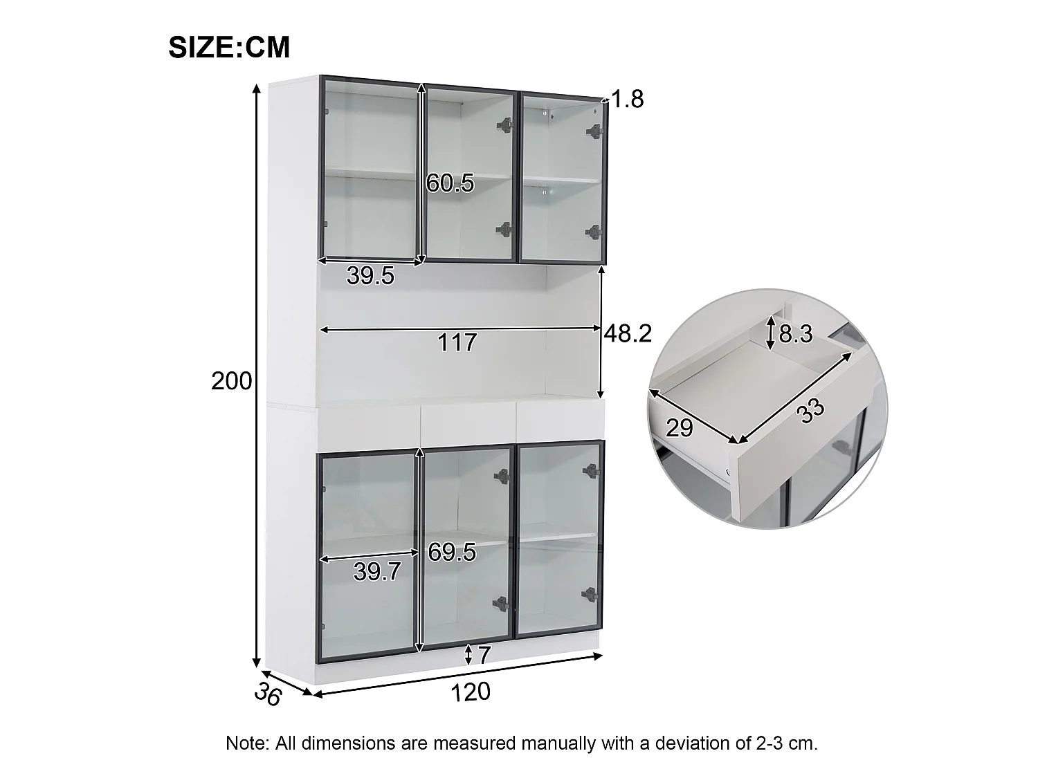 2 Vitrines haut vitrée moderne - 120 x 36 x 200 cm - avec Leds + 6 portes - pour collections/chamber - aggloméré - blanc
