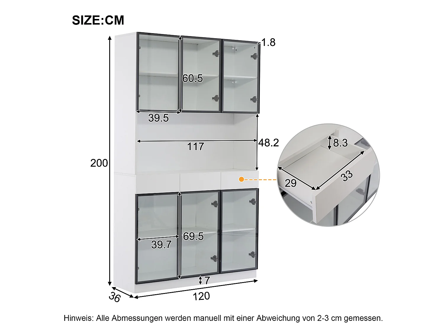2 Vitrines haut vitrée moderne - 120 x 36 x 200 cm - avec Leds + 6 portes - pour collections/chamber - aggloméré - blanc