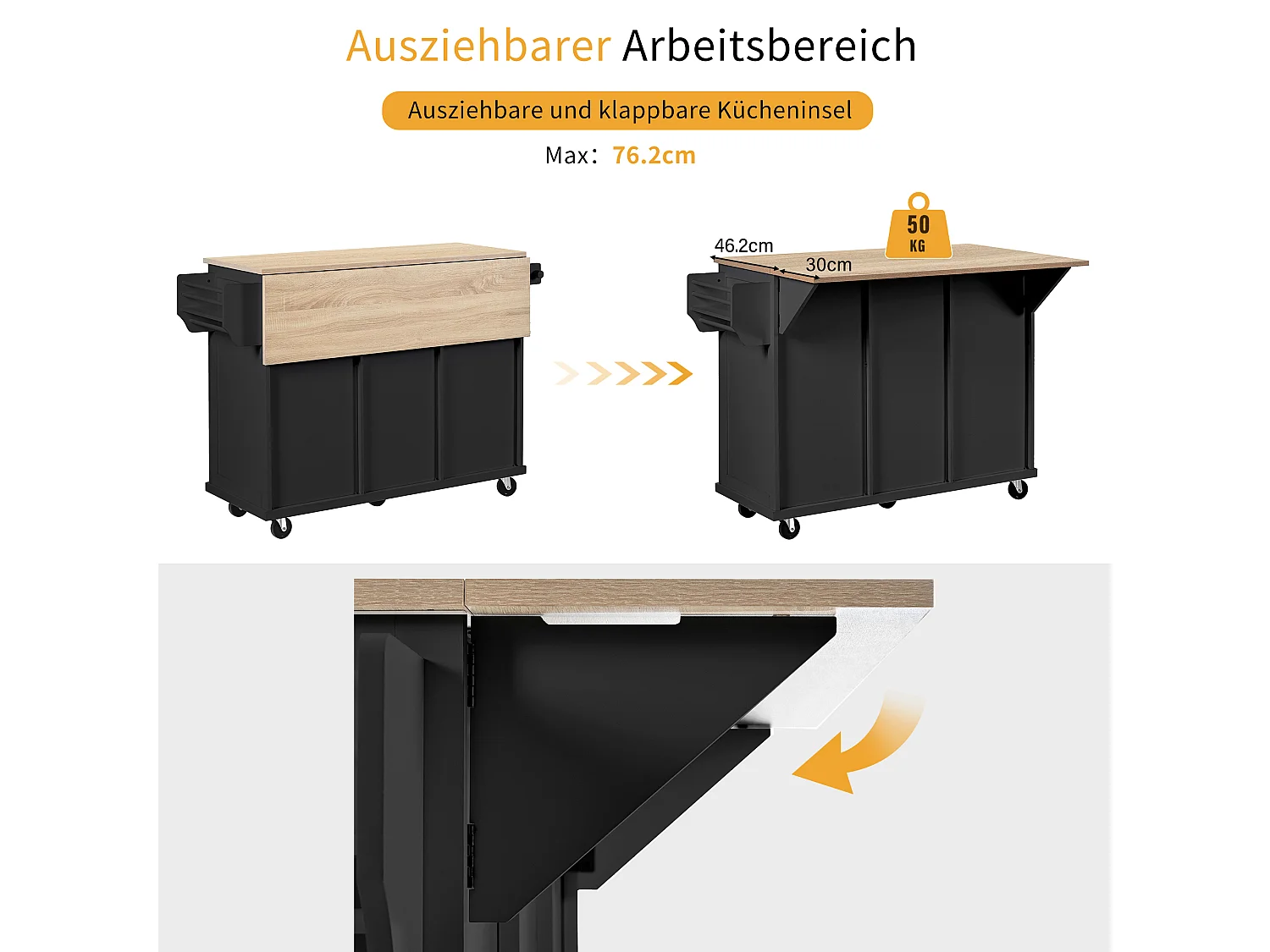 Keukeneiland op wielen - 131,2 x 46,2 / 76,2 x 92,7 cm - inklapbaar blad - met 3 deuren + 3 lades - MDF - zwart