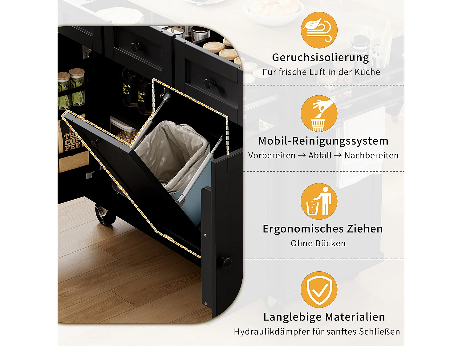 Keukeneiland op wielen - 131,2 x 46,2 / 76,2 x 92,7 cm - inklapbaar blad - met 3 deuren + 3 lades - MDF - zwart