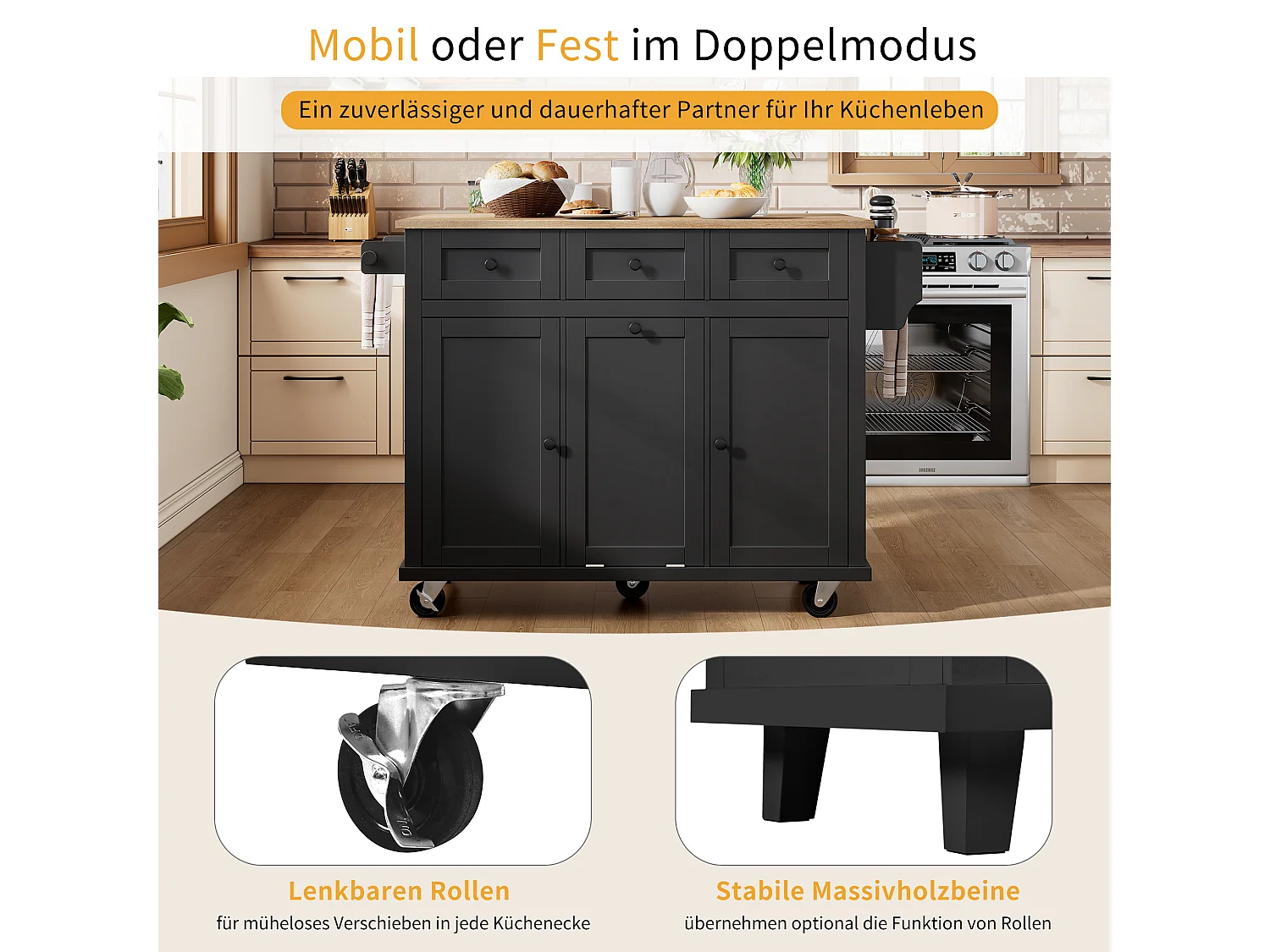 Keukeneiland op wielen - 131,2 x 46,2 / 76,2 x 92,7 cm - inklapbaar blad - met 3 deuren + 3 lades - MDF - zwart