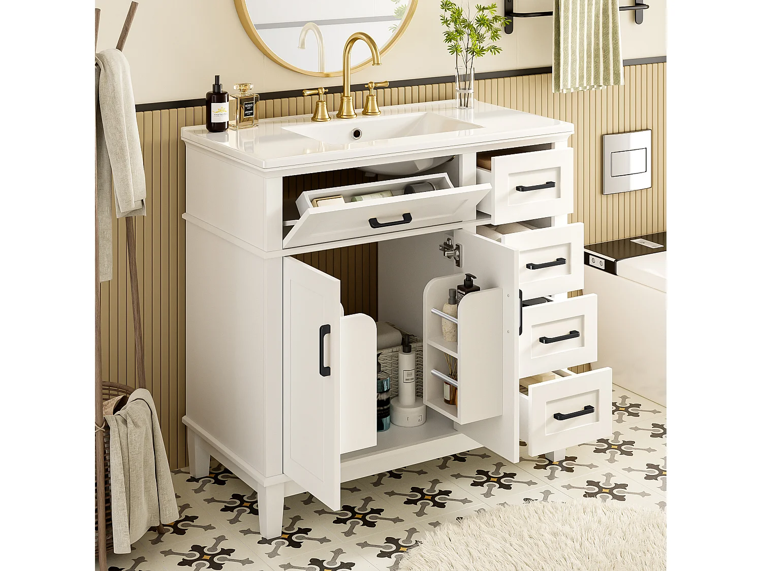 Pojedyncza ceramiczna szafka pod umywalkę stojąca - 90 x 46 x 87 cm - z 4 szufladami + 2 drzwiami - Ceramika + MDF - biała