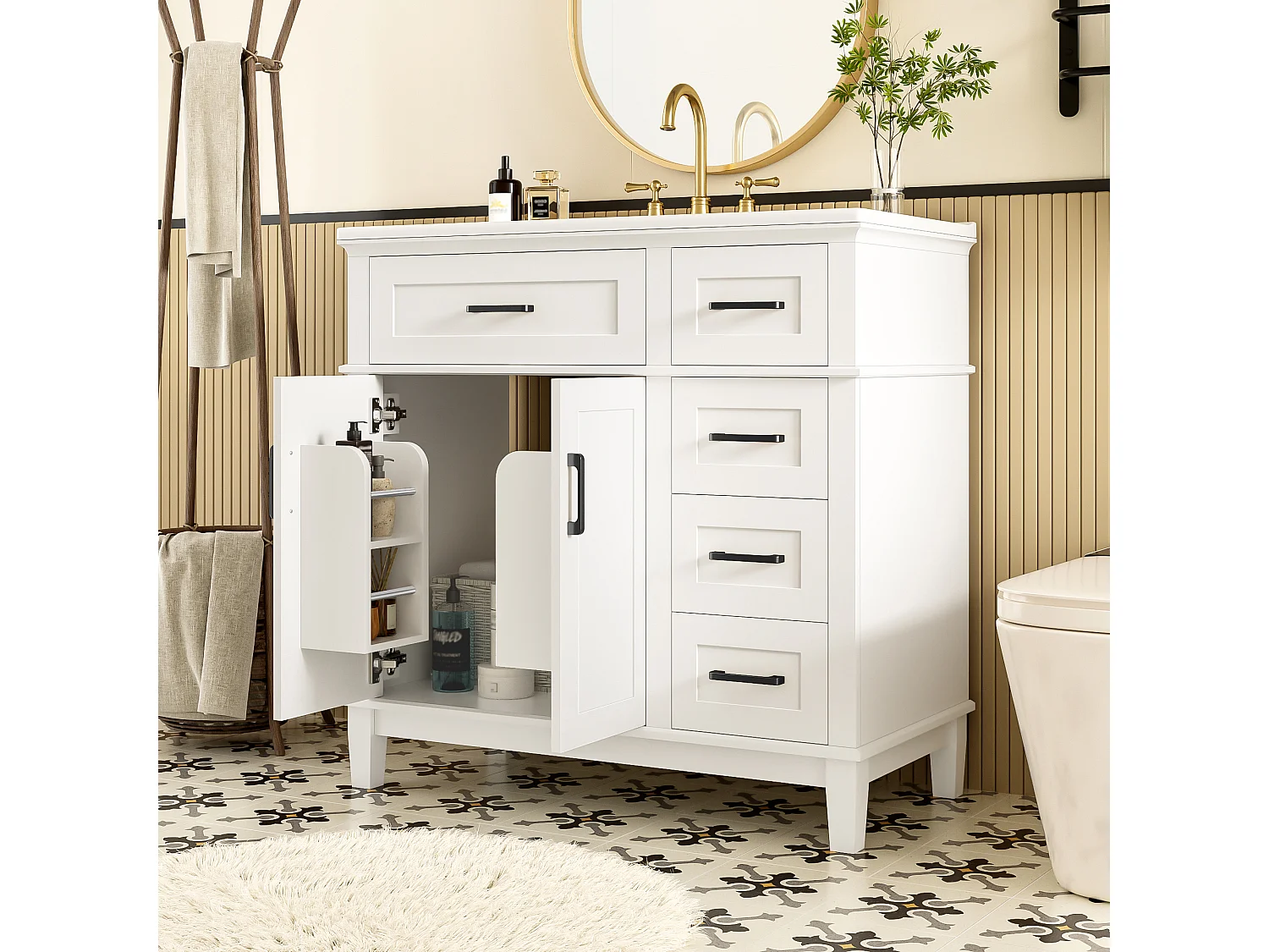 Pojedyncza ceramiczna szafka pod umywalkę stojąca - 90 x 46 x 87 cm - z 4 szufladami + 2 drzwiami - Ceramika + MDF - biała