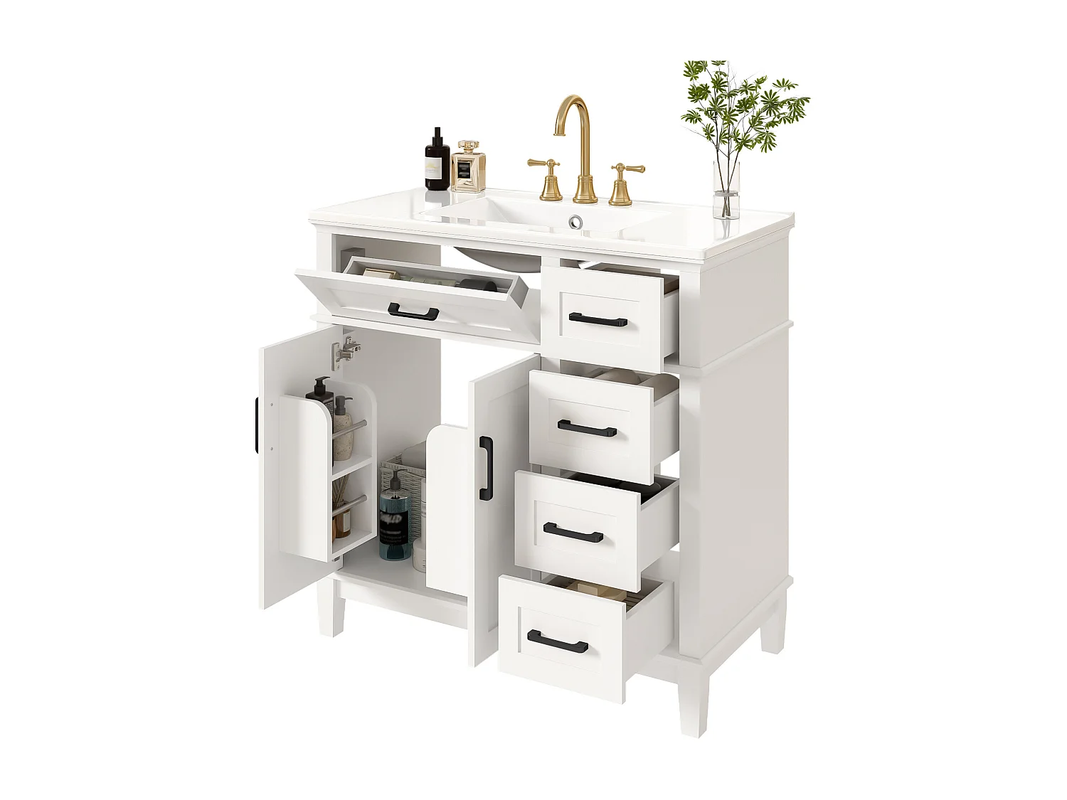 Pojedyncza ceramiczna szafka pod umywalkę stojąca - 90 x 46 x 87 cm - z 4 szufladami + 2 drzwiami - Ceramika + MDF - biała