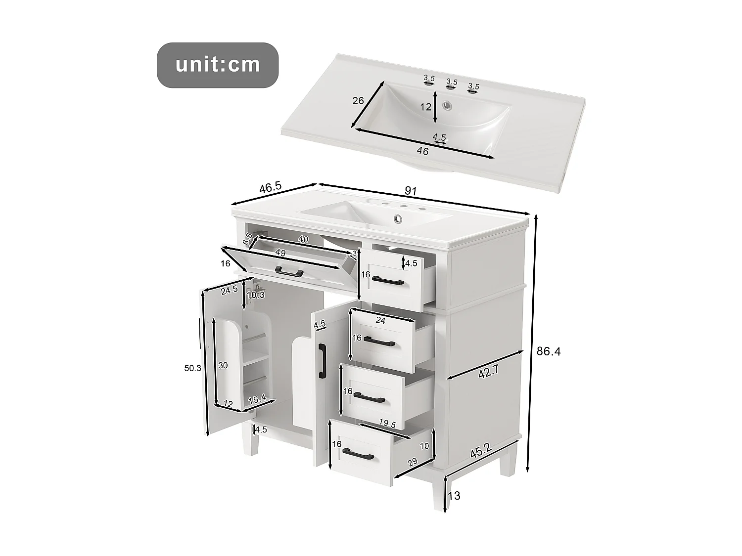 Pojedyncza ceramiczna szafka pod umywalkę stojąca - 90 x 46 x 87 cm - z 4 szufladami + 2 drzwiami - Ceramika + MDF - biała