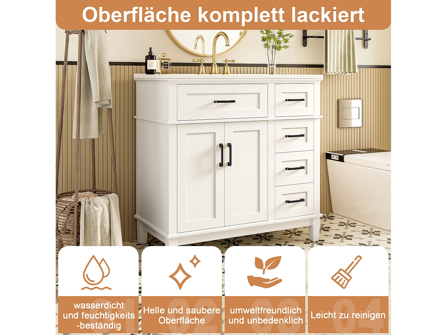 Pojedyncza ceramiczna szafka pod umywalkę stojąca - 90 x 46 x 87 cm - z 4 szufladami + 2 drzwiami - Ceramika + MDF - biała