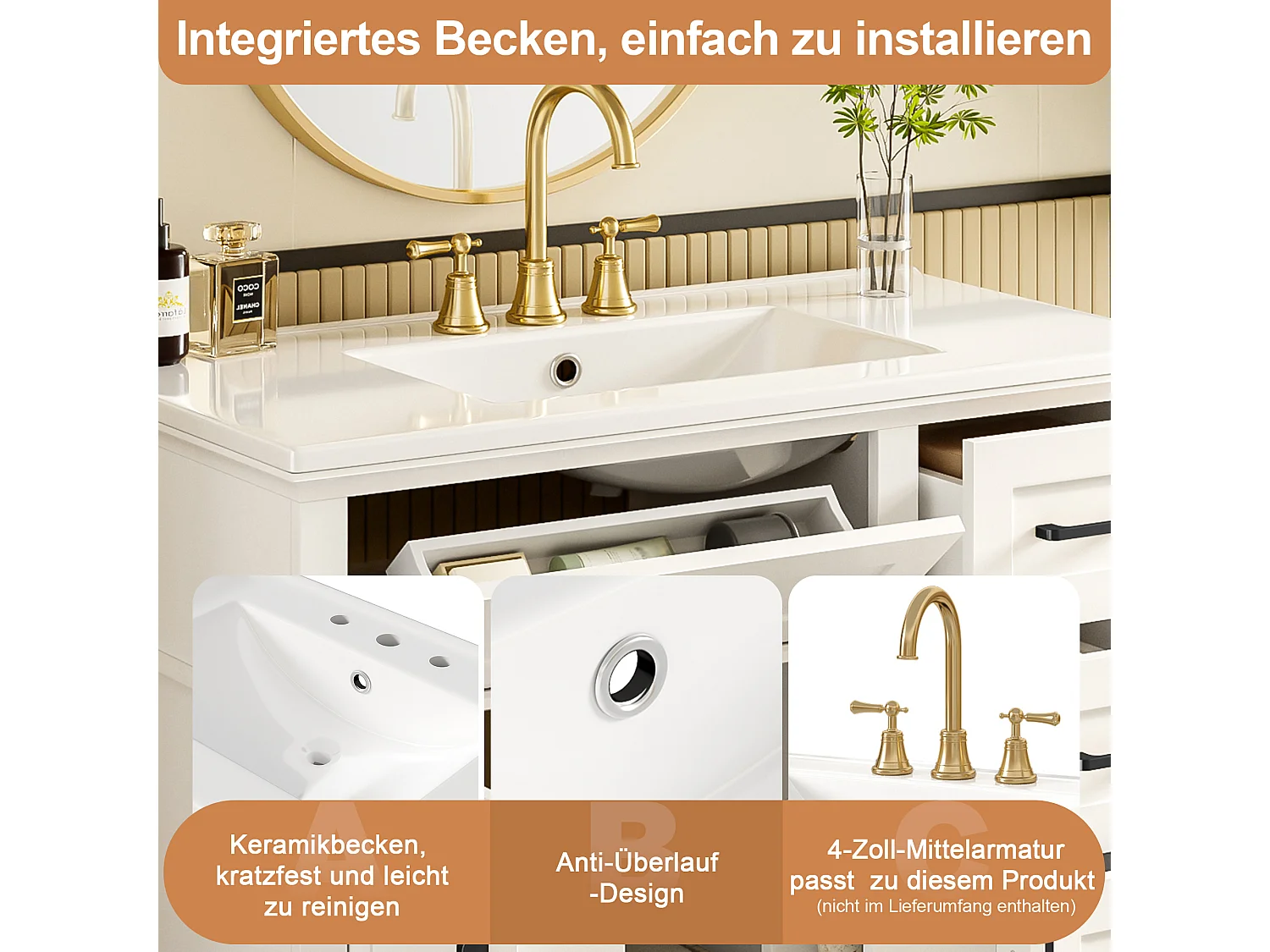 Pojedyncza ceramiczna szafka pod umywalkę stojąca - 90 x 46 x 87 cm - z 4 szufladami + 2 drzwiami - Ceramika + MDF - biała