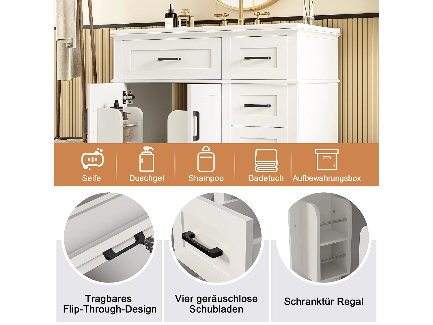 Pojedyncza ceramiczna szafka pod umywalkę stojąca - 90 x 46 x 87 cm - z 4 szufladami + 2 drzwiami - Ceramika + MDF - biała