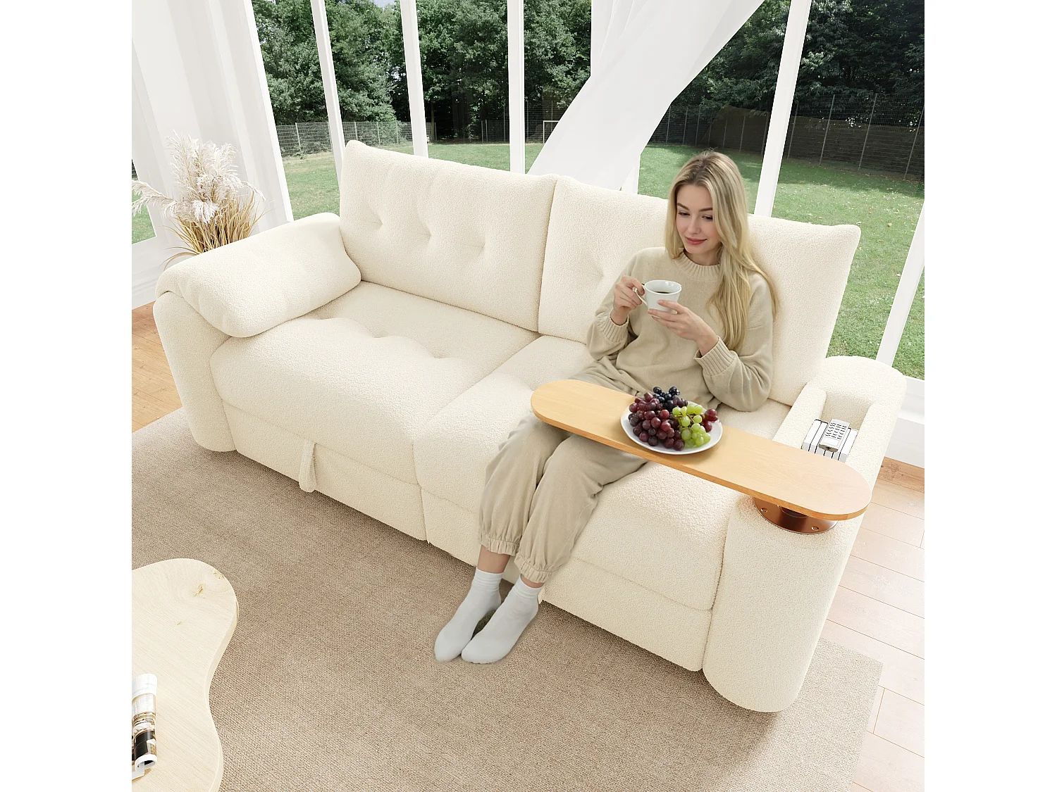 Canapé moderne 2 places - 207.5 x 80 x 87 cm - avec rangement + appui-tête + table d'appoint intégrée - velours - beige