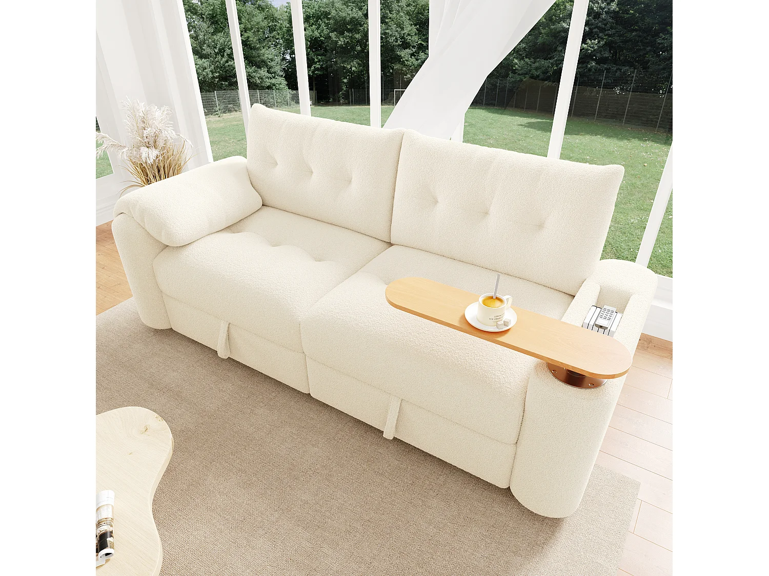 Canapé moderne 2 places - 207.5 x 80 x 87 cm - avec rangement + appui-tête + table d'appoint intégrée - velours - beige