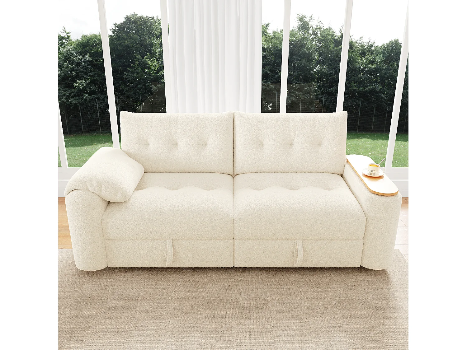 Canapé moderne 2 places - 207.5 x 80 x 87 cm - avec rangement + appui-tête + table d'appoint intégrée - velours - beige