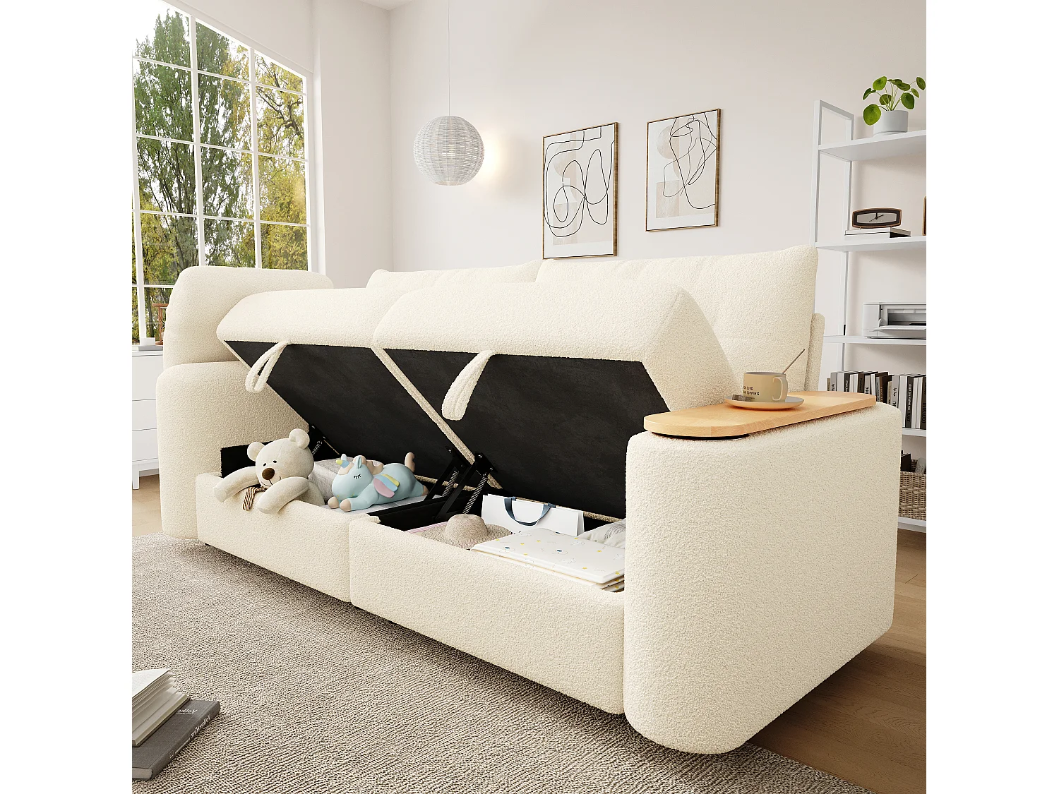 Canapé moderne 2 places - 207.5 x 80 x 87 cm - avec rangement + appui-tête + table d'appoint intégrée - velours - beige