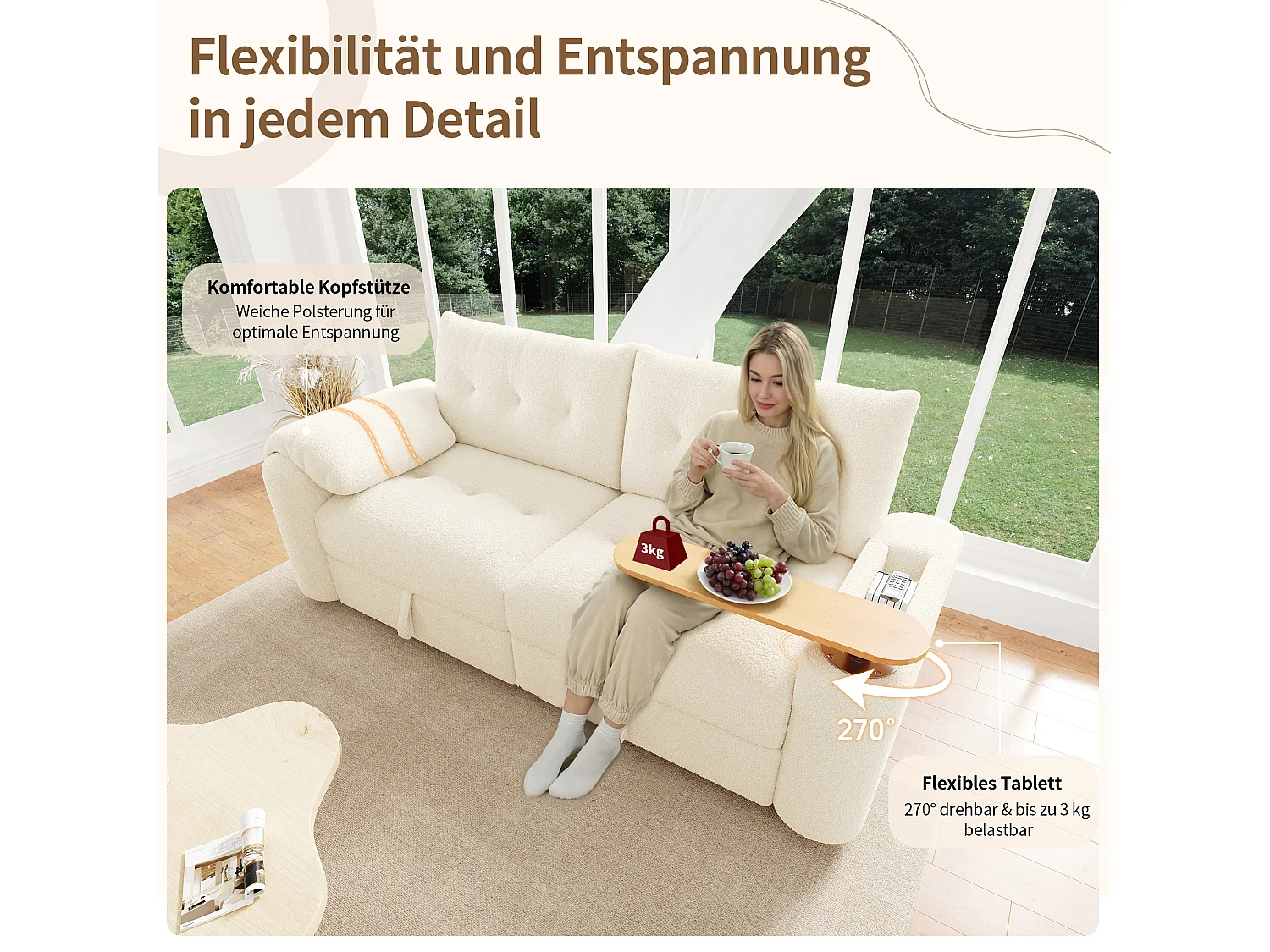 Canapé moderne 2 places - 207.5 x 80 x 87 cm - avec rangement + appui-tête + table d'appoint intégrée - velours - beige