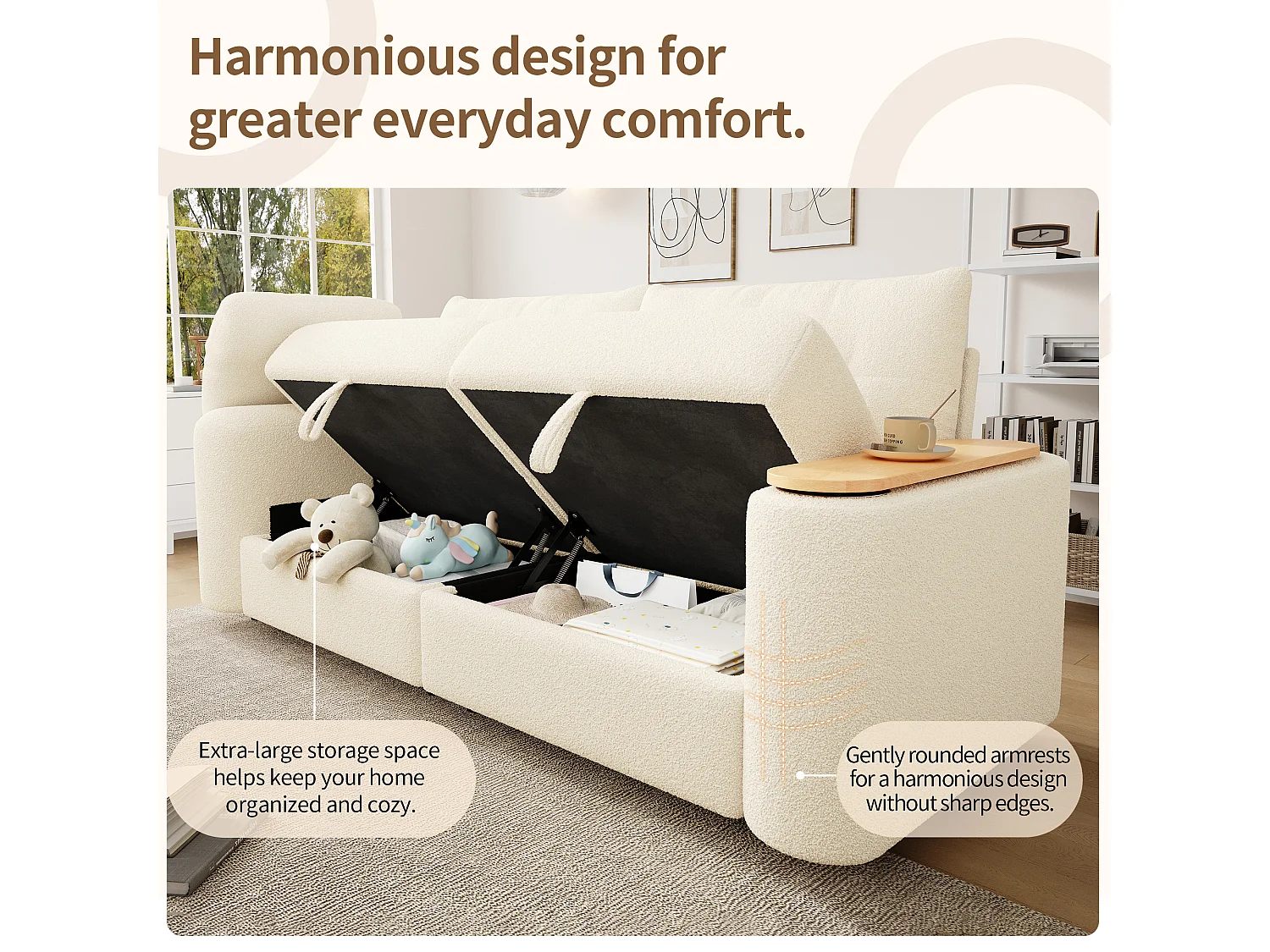 Canapé moderne 2 places - 207.5 x 80 x 87 cm - avec rangement + appui-tête + table d'appoint intégrée - velours - beige