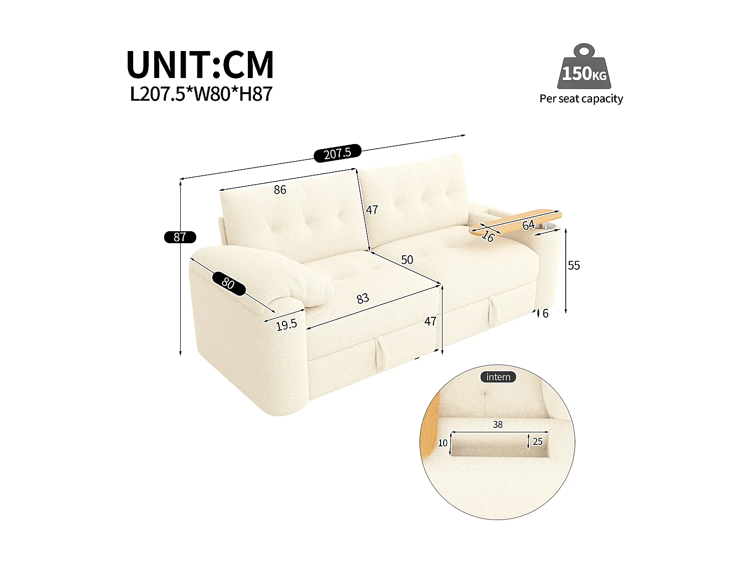 Canapé moderne 2 places - 207.5 x 80 x 87 cm - avec rangement + appui-tête + table d'appoint intégrée - velours - beige