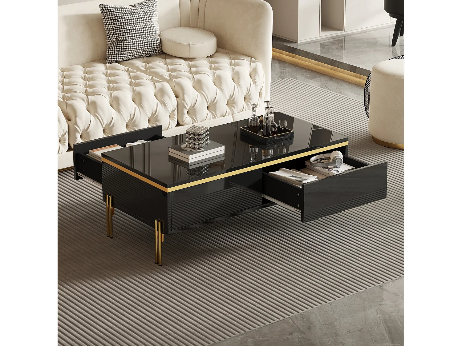 Moderner, hochglanzlackierter Couchtisch – 100 x 50 x 36 cm – mit 2 Schubladen – Spanplatte – schwarz