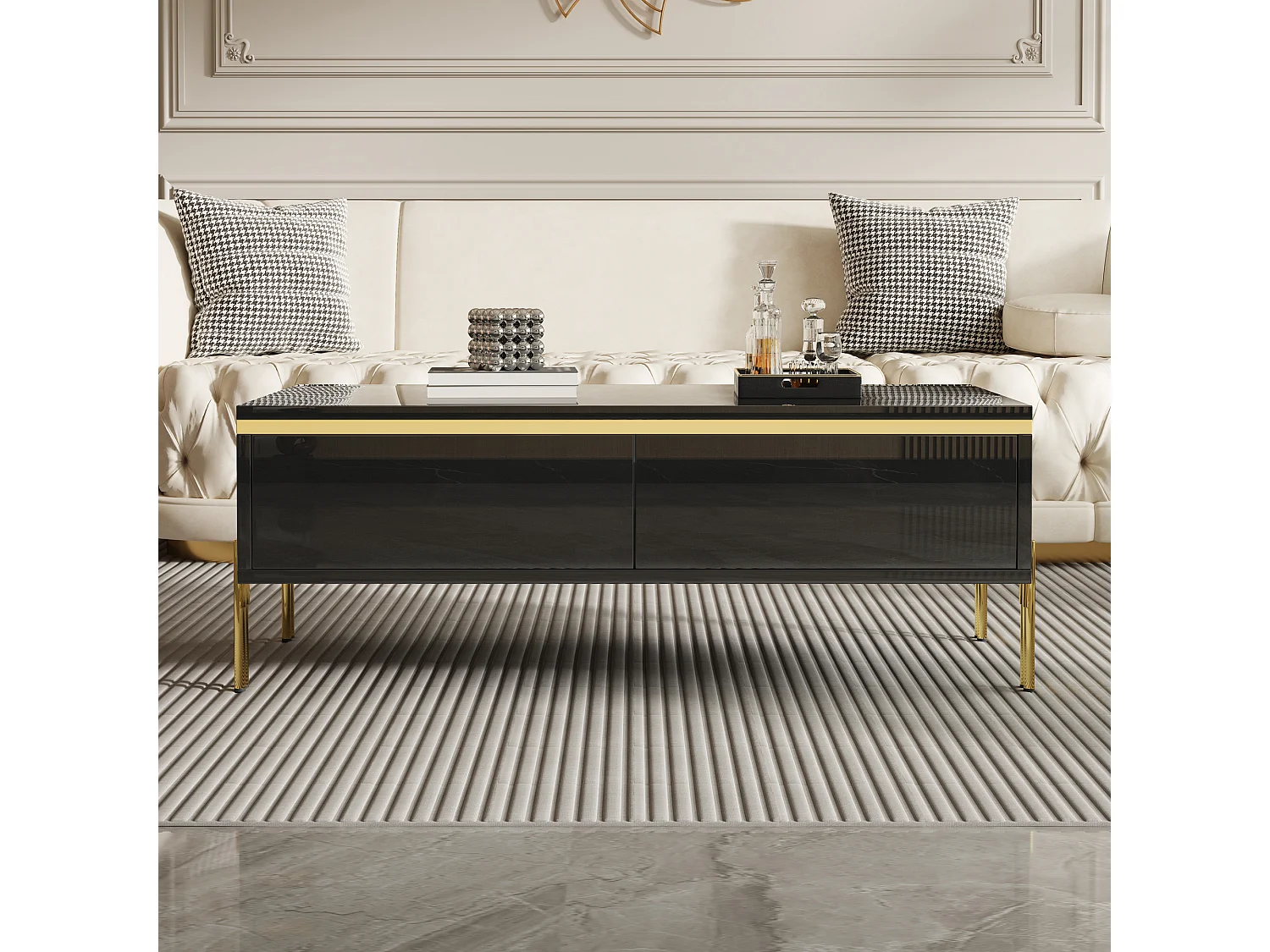 Moderner, hochglanzlackierter Couchtisch – 100 x 50 x 36 cm – mit 2 Schubladen – Spanplatte – schwarz