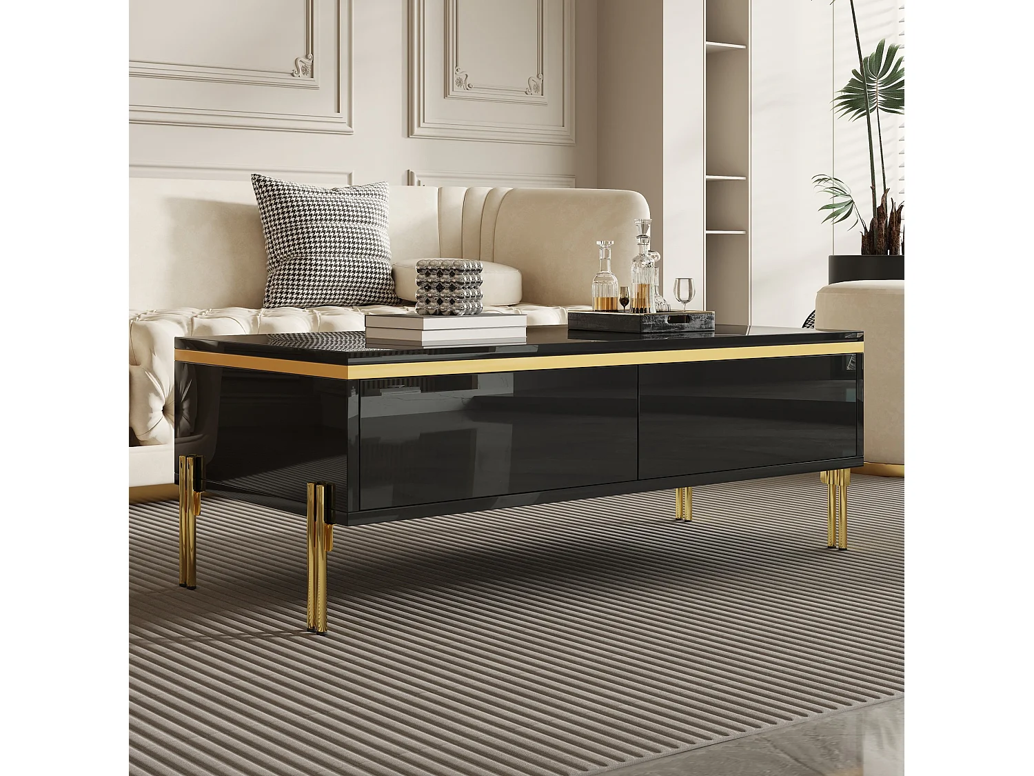 Moderner, hochglanzlackierter Couchtisch – 100 x 50 x 36 cm – mit 2 Schubladen – Spanplatte – schwarz