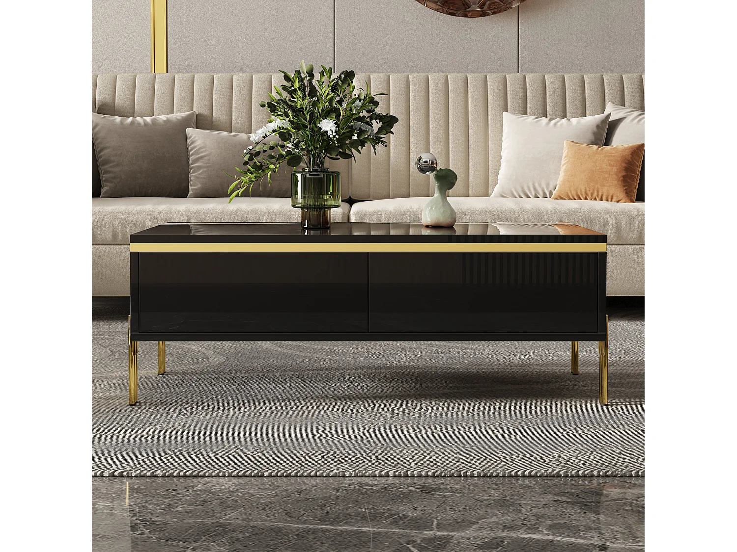 Moderner, hochglanzlackierter Couchtisch – 100 x 50 x 36 cm – mit 2 Schubladen – Spanplatte – schwarz