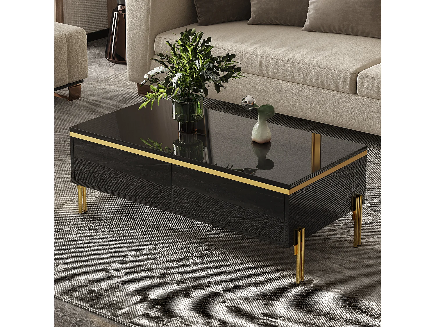 Moderner, hochglanzlackierter Couchtisch – 100 x 50 x 36 cm – mit 2 Schubladen – Spanplatte – schwarz