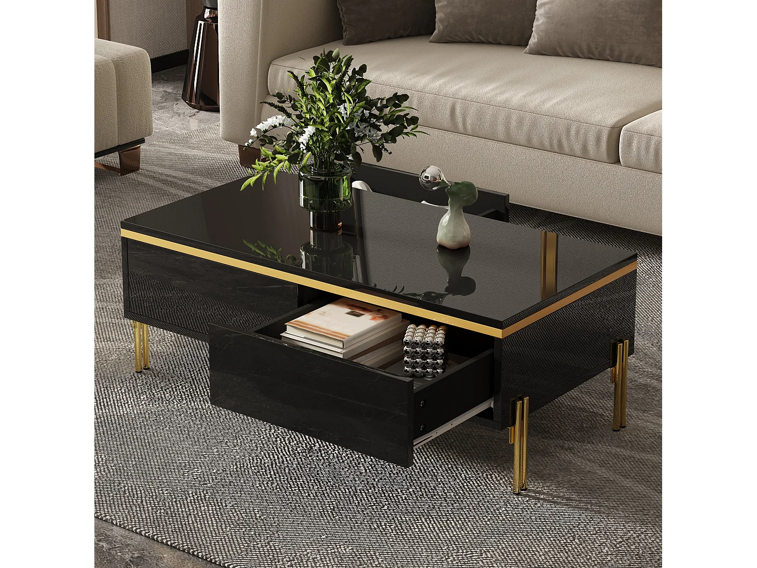 Moderner, hochglanzlackierter Couchtisch – 100 x 50 x 36 cm – mit 2 Schubladen – Spanplatte – schwarz