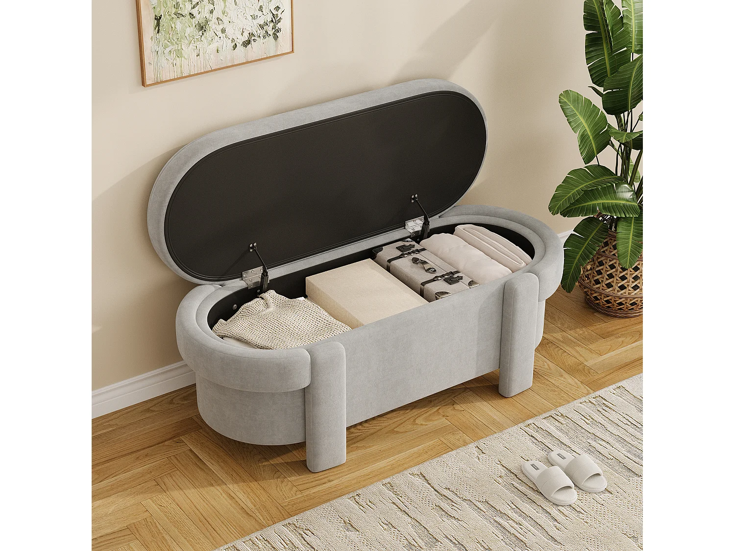 Gepolsterte Aufbewahrungsbank mit Deckel – 121,5 x 49 x 44,5 cm – Fleece-Optik – für Wohn-/Schlafzimmer – Fleece – Grau